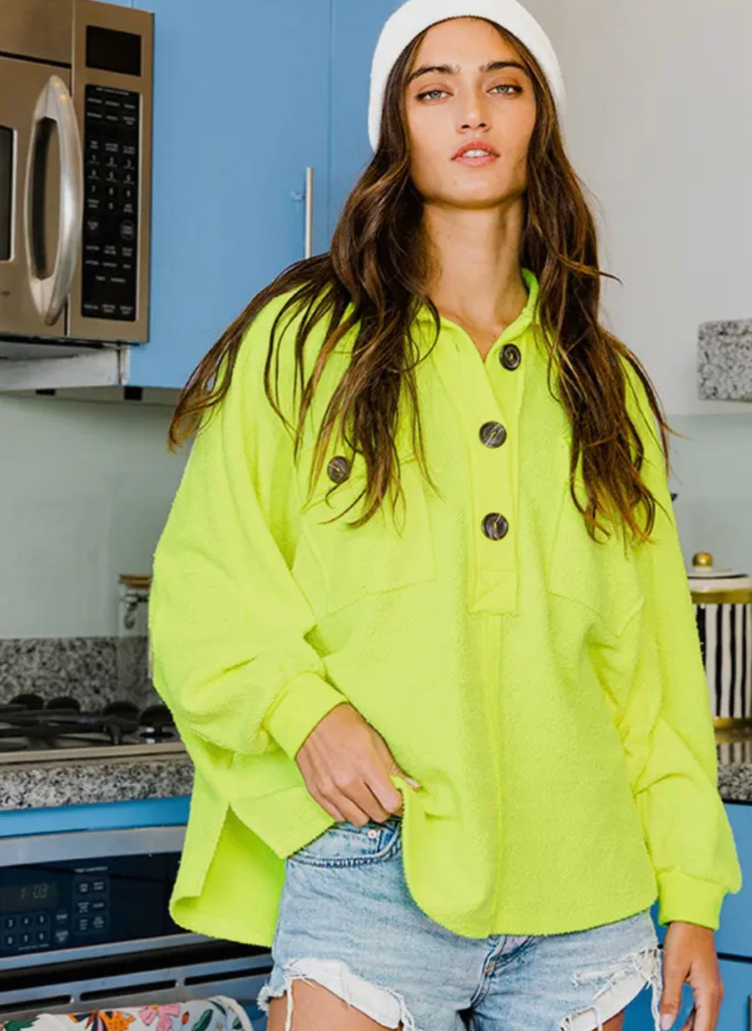 Lime French Terry Collared loose Top